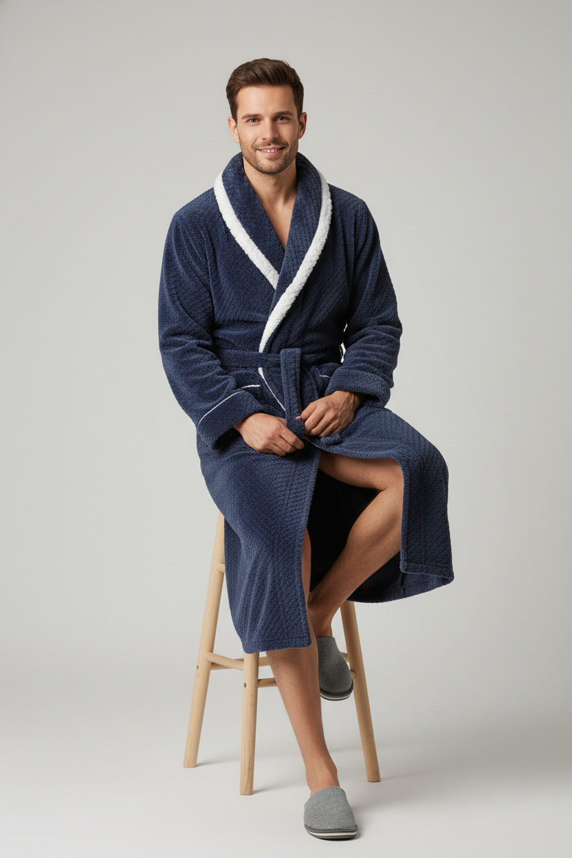 Robe de chambre chic homme bleu marine en plush avec bordure polaire blanche