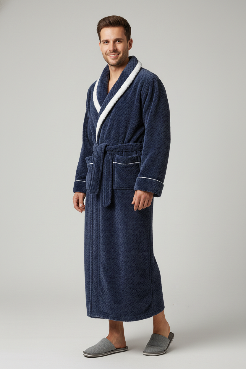 Robe de chambre chic homme bleu marine en plush avec bordure polaire blanche