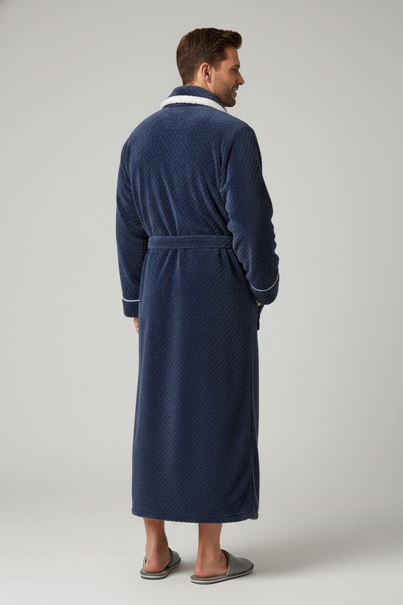 Robe de chambre chic homme bleu marine texturé en tissu-éponge avec bordure blanche
