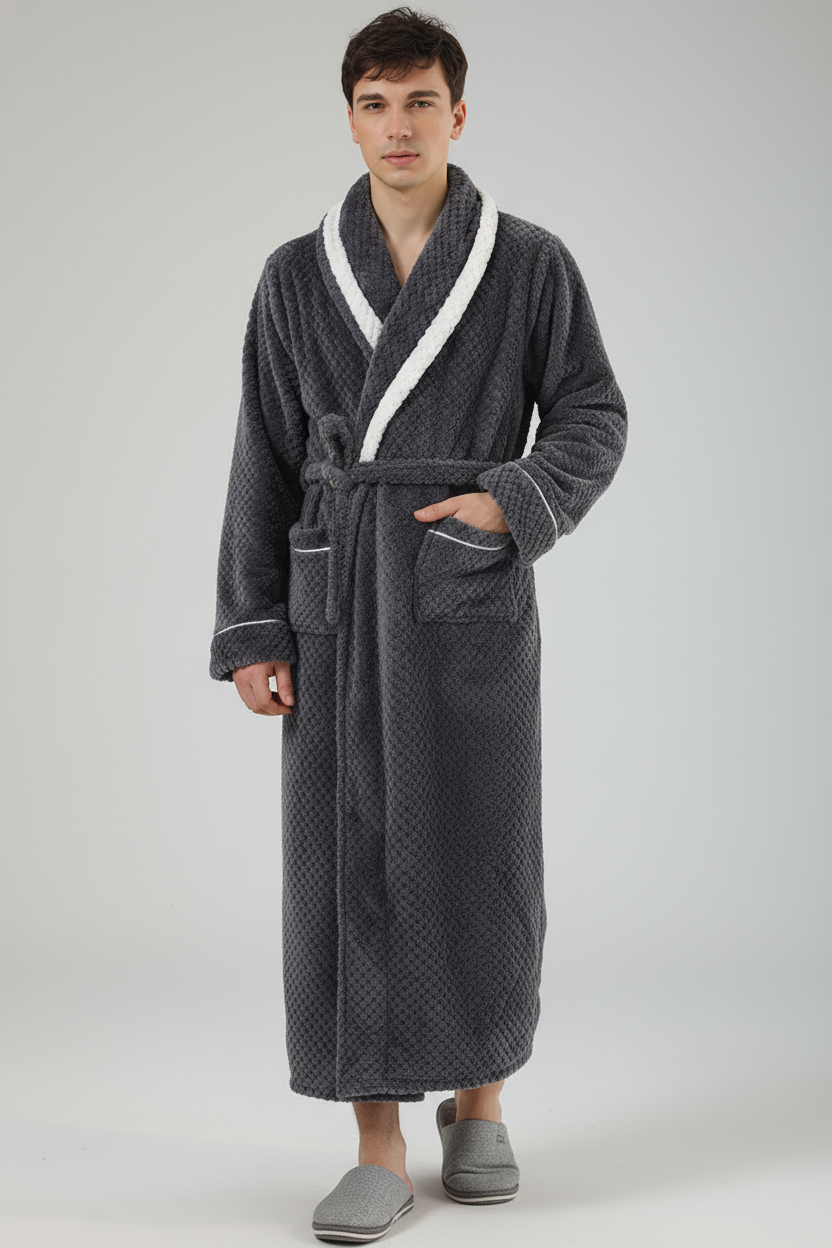 Peignoir de chambre chic homme gris texturé, bordure blanche et ceinture assortie