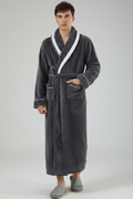 Peignoir de chambre chic homme gris texturé, bordure blanche et ceinture assortie
