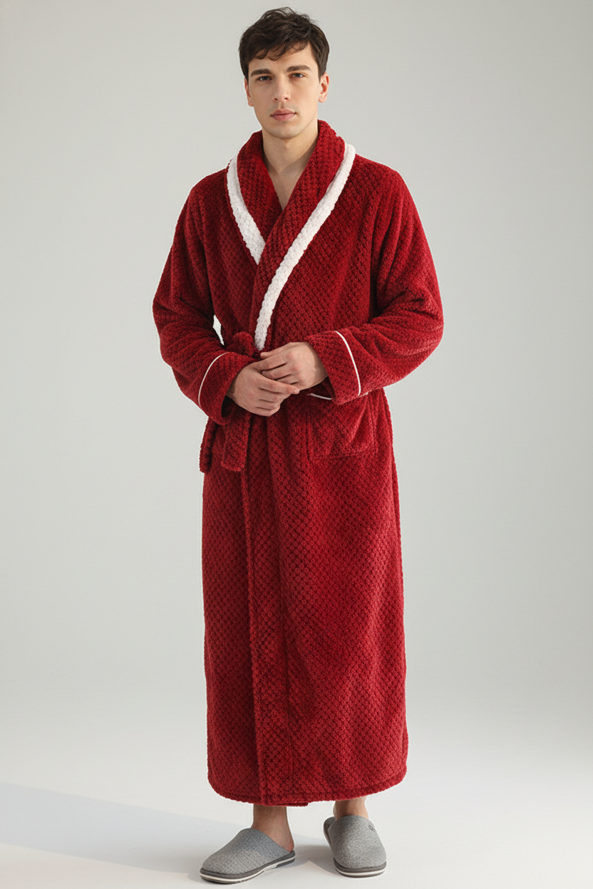 Robe de chambre chic homme rouge en plush avec bordure blanche texturée
