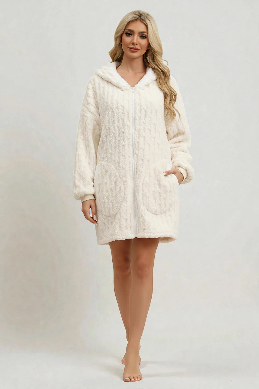Robe de chambre courte zippée femme en fausse fourrure crème plush