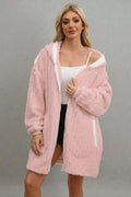 Robe de chambre courte zippée femme rose duvetée à capuche et bordure blanche
