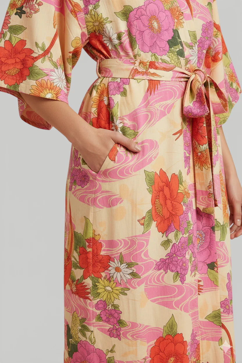 Robe de chambre douce kimono crème à motifs floraux roses rouges orangés