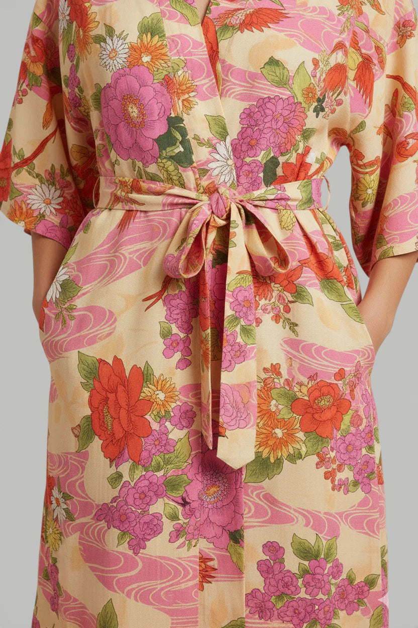 Robe de chambre douce style kimono fleuri beige rose orange à ceinture