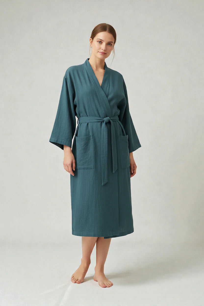 Robe de chambre en lin style kimono teal à manches longues, encolure V et ceinture