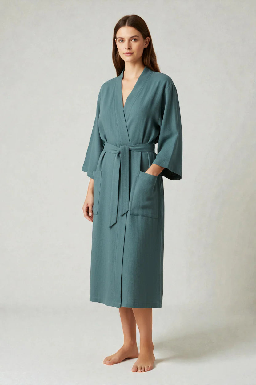 Robe de chambre en lin style kimono teal à manches longues, encolure V et ceinture