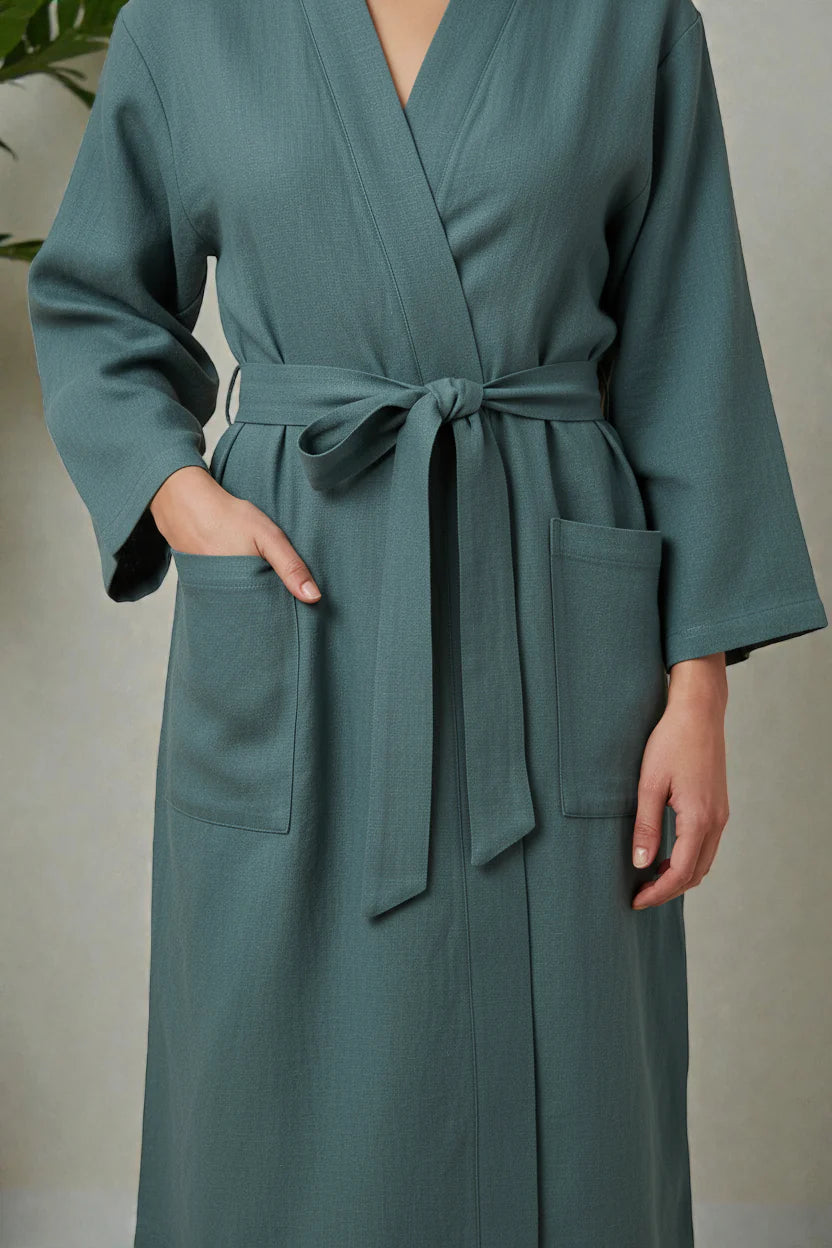 Robe de chambre en lin style kimono teal à manches longues, ceinture bow et poches