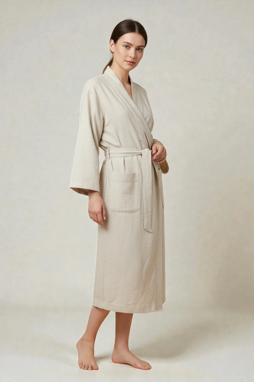 Robe de chambre en lin beige style kimono avec ceinture et poche