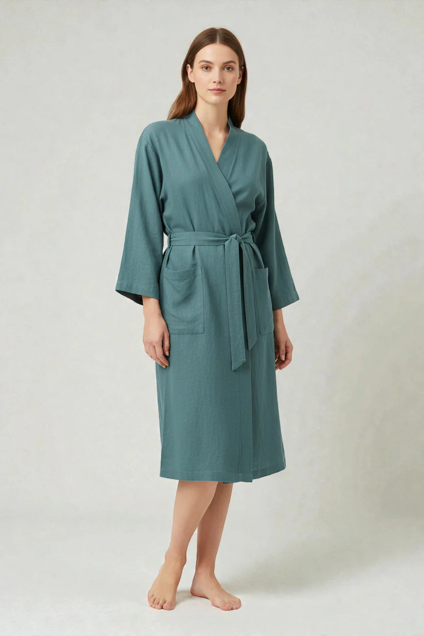 Robe de chambre en lin style kimono teal à manches longues, ceinture et poches