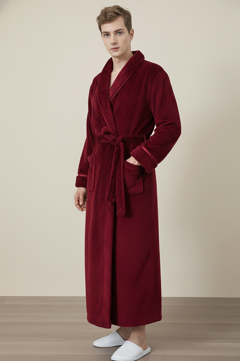 Robe de chambre en polaire douce rouge velours texturé avec ceinture