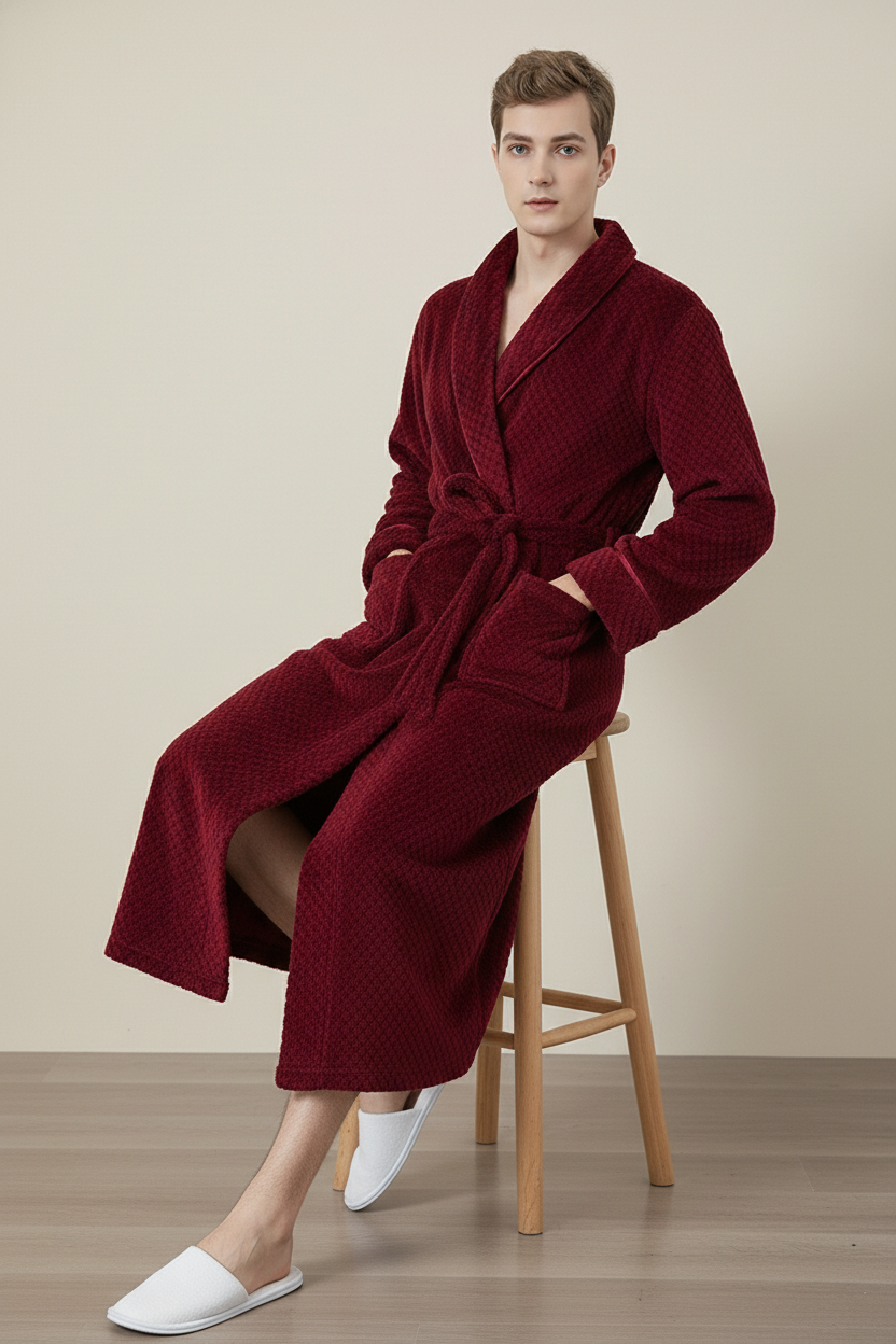 Robe de chambre en polaire douce rouge profond texturée à ceinture