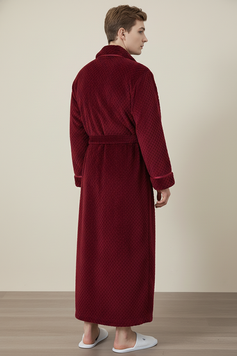 Robe de chambre en polaire douce rouge velours à motif diamant et ceinture