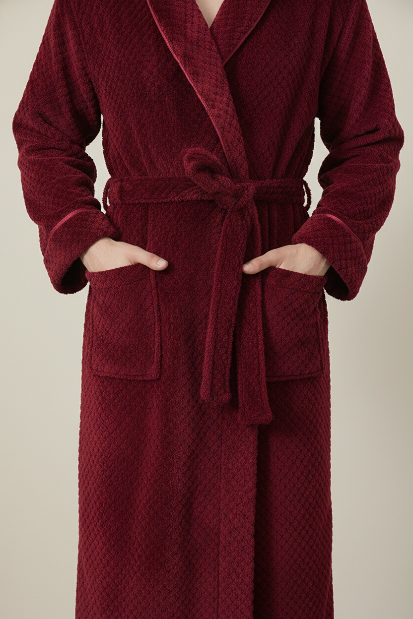 Robe de chambre en polaire douce bordeaux velours à poches et ceinture