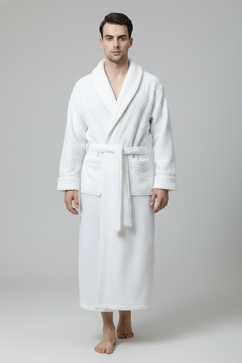 Robe de chambre en polaire douce blanche à motif matelassé texturé avec ceinture