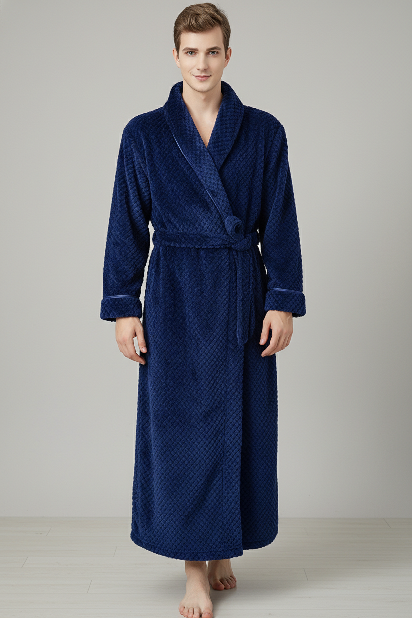 Robe de chambre en polaire douce bleu marine matelassée avec ceinture