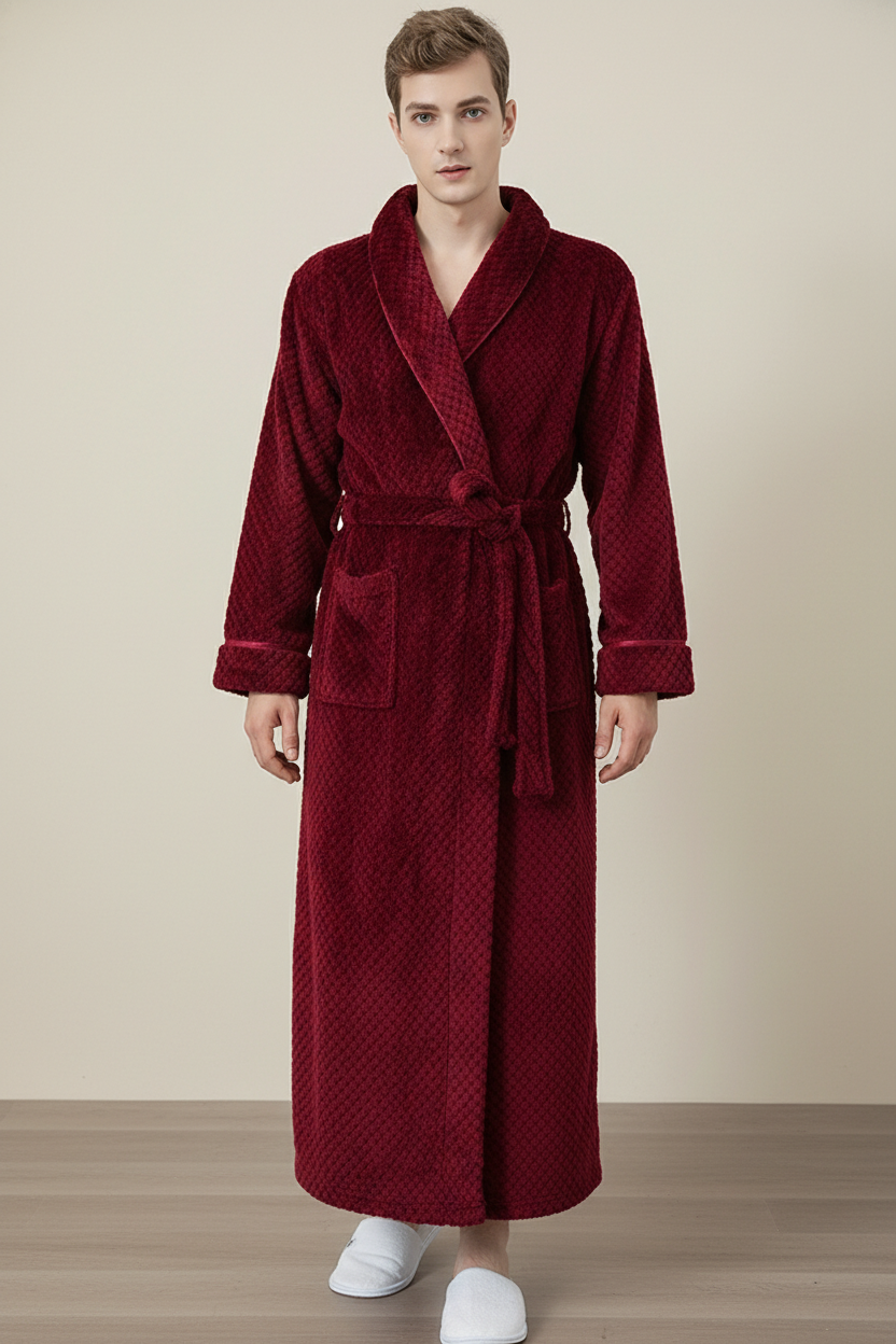 Robe de chambre en polaire douce rouge matelassée avec ceinture