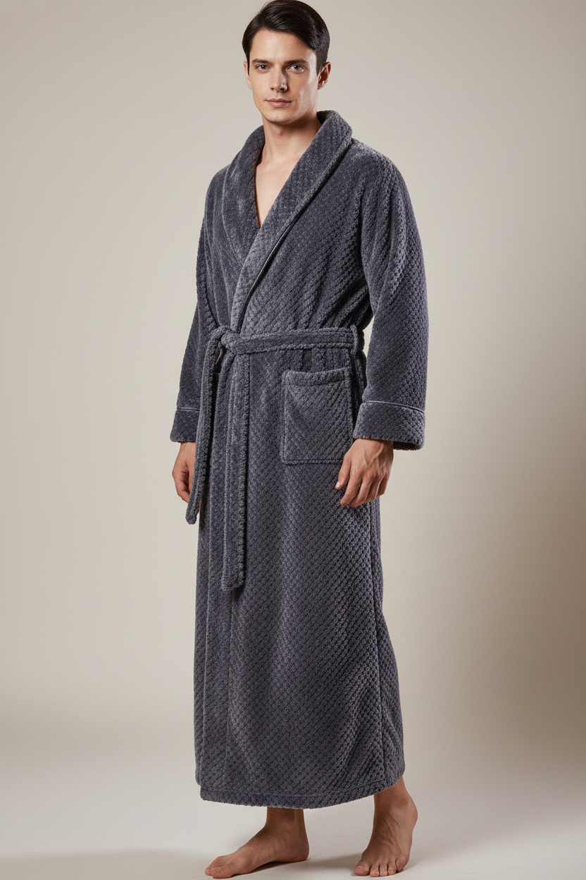 Robe de chambre en polaire douce grise texturée à ceinture et poche