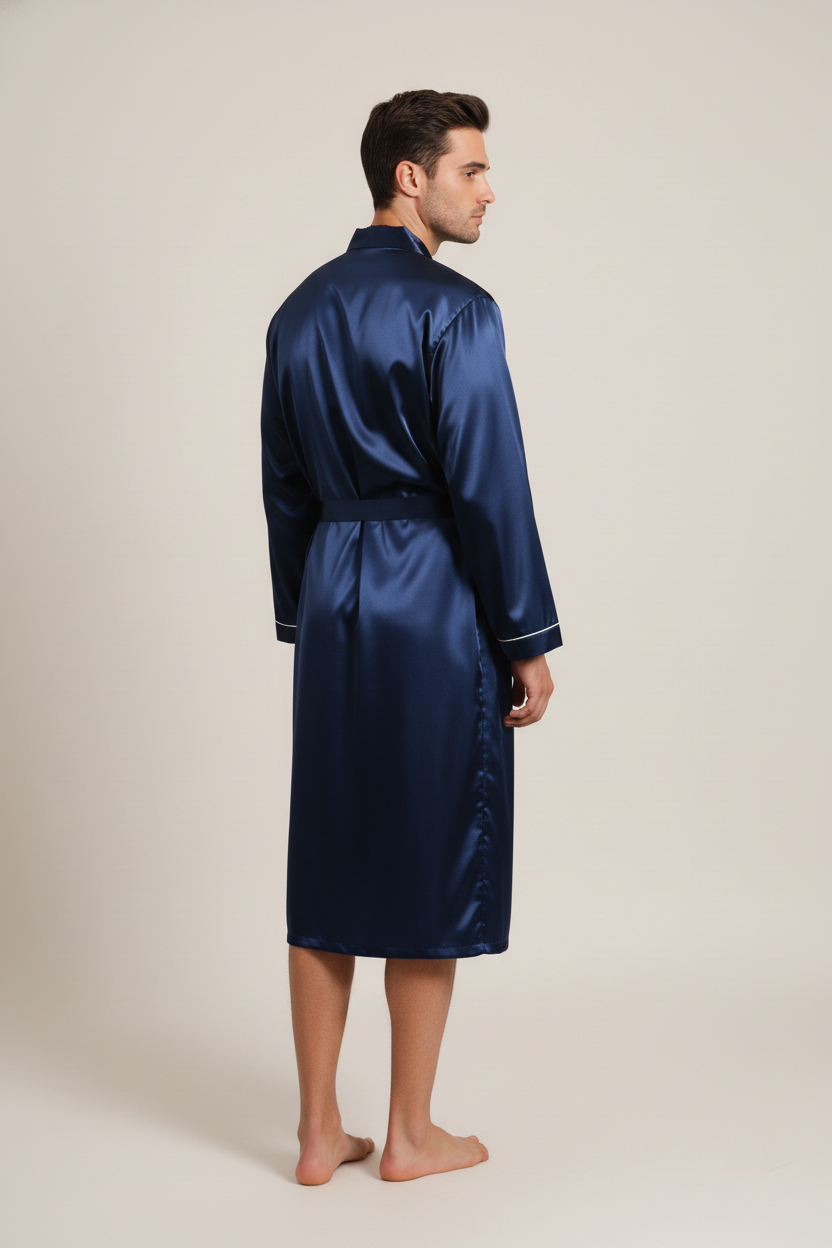Robe de chambre en satin homme Azuré bleu marine avec liseré blanc