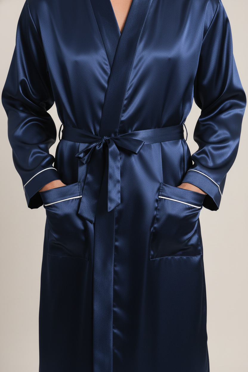 Robe de chambre en satin homme Azuré bleu marine à bordures blanches