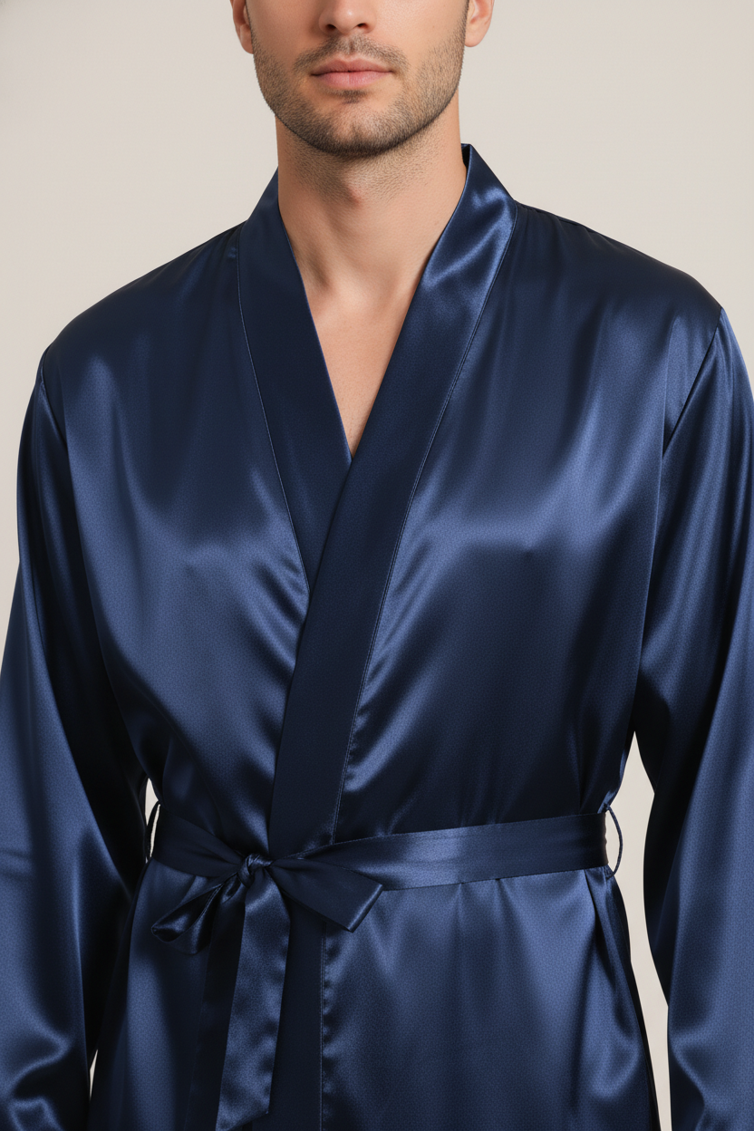 Robe de chambre en satin homme Azuré, bleu marine satiné brillant avec ceinture