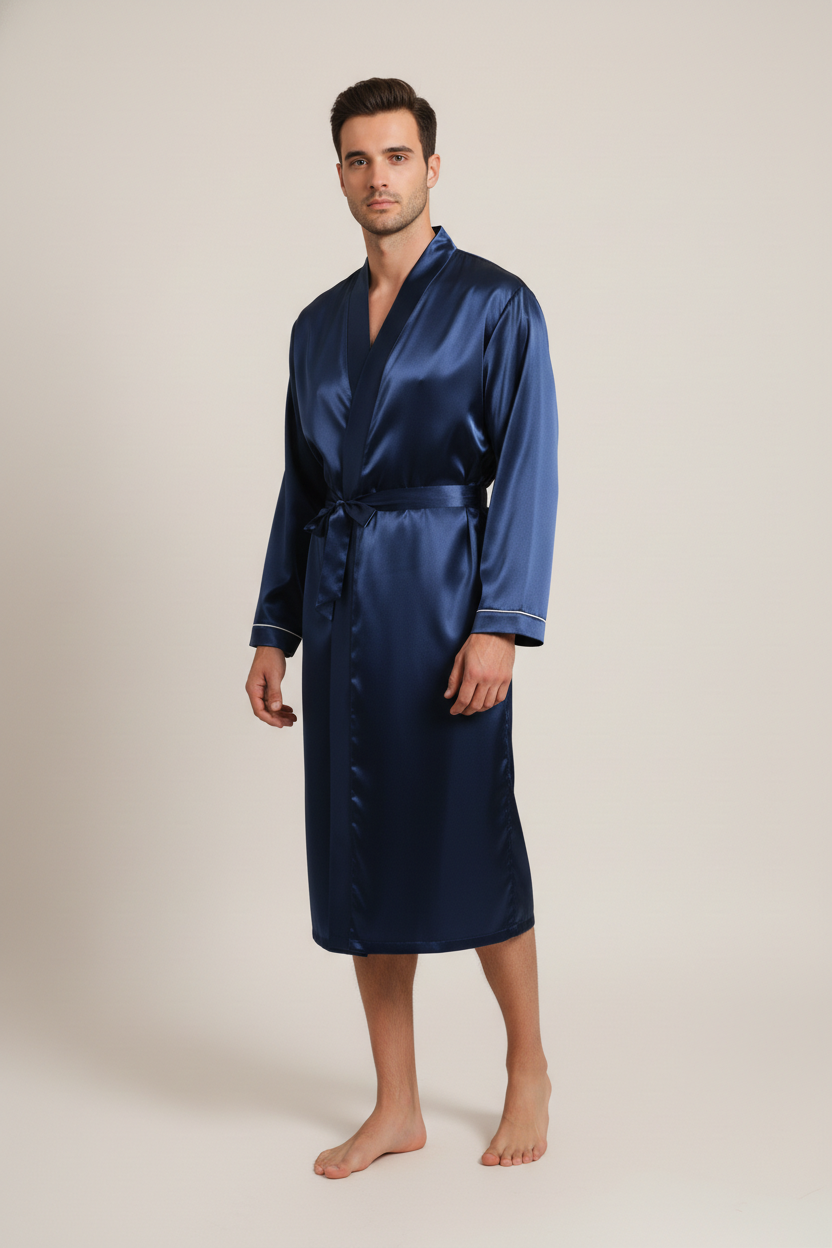 Robe de chambre en satin homme Azuré bleu marine à liseré blanc