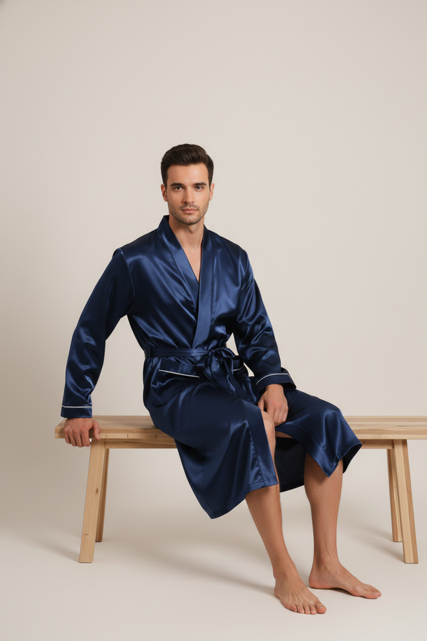 Robe de chambre en satin homme Azuré, bleu marine profond avec passepoil blanc