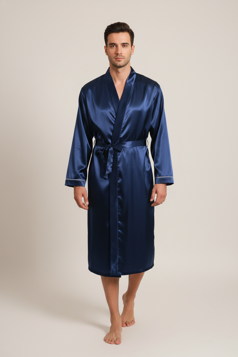 Robe de chambre Azuré en satin bleu marine avec ceinture et passepoil blanc