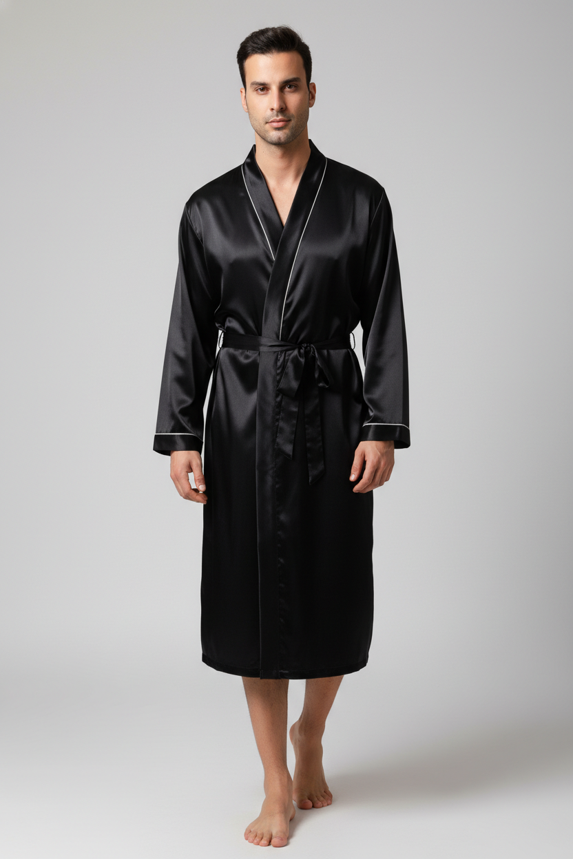 Robe de chambre en satin homme Azuré noire avec passepoil blanc