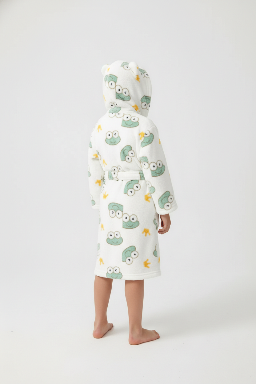 Robe de chambre enfant grenouille blanche plush avec grenouilles vertes et étoiles jaunes