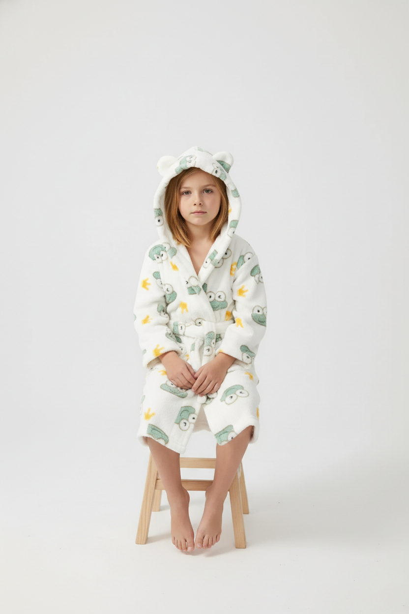 Robe de chambre enfant grenouille blanche plush avec hibou vert-jaune et capuche ours