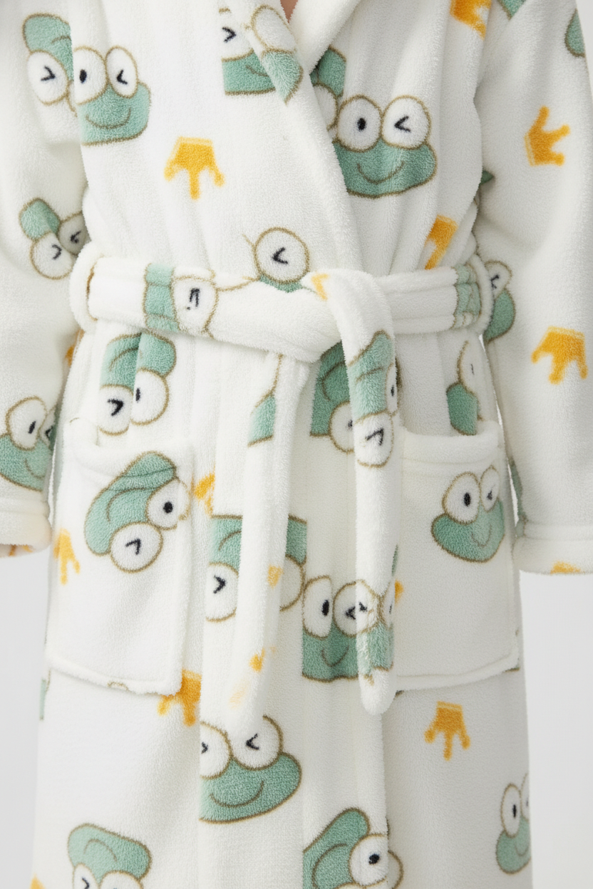 Robe de chambre enfant grenouille blanche en peluche avec grenouilles vertes et étoiles jaunes