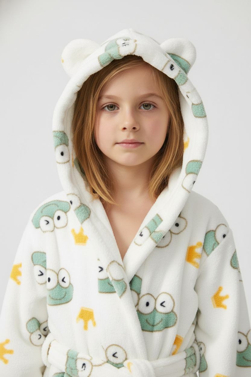 Robe de chambre enfant grenouille blanche plush avec capuche oreilles ours, motifs grenouille verte couronne jaune