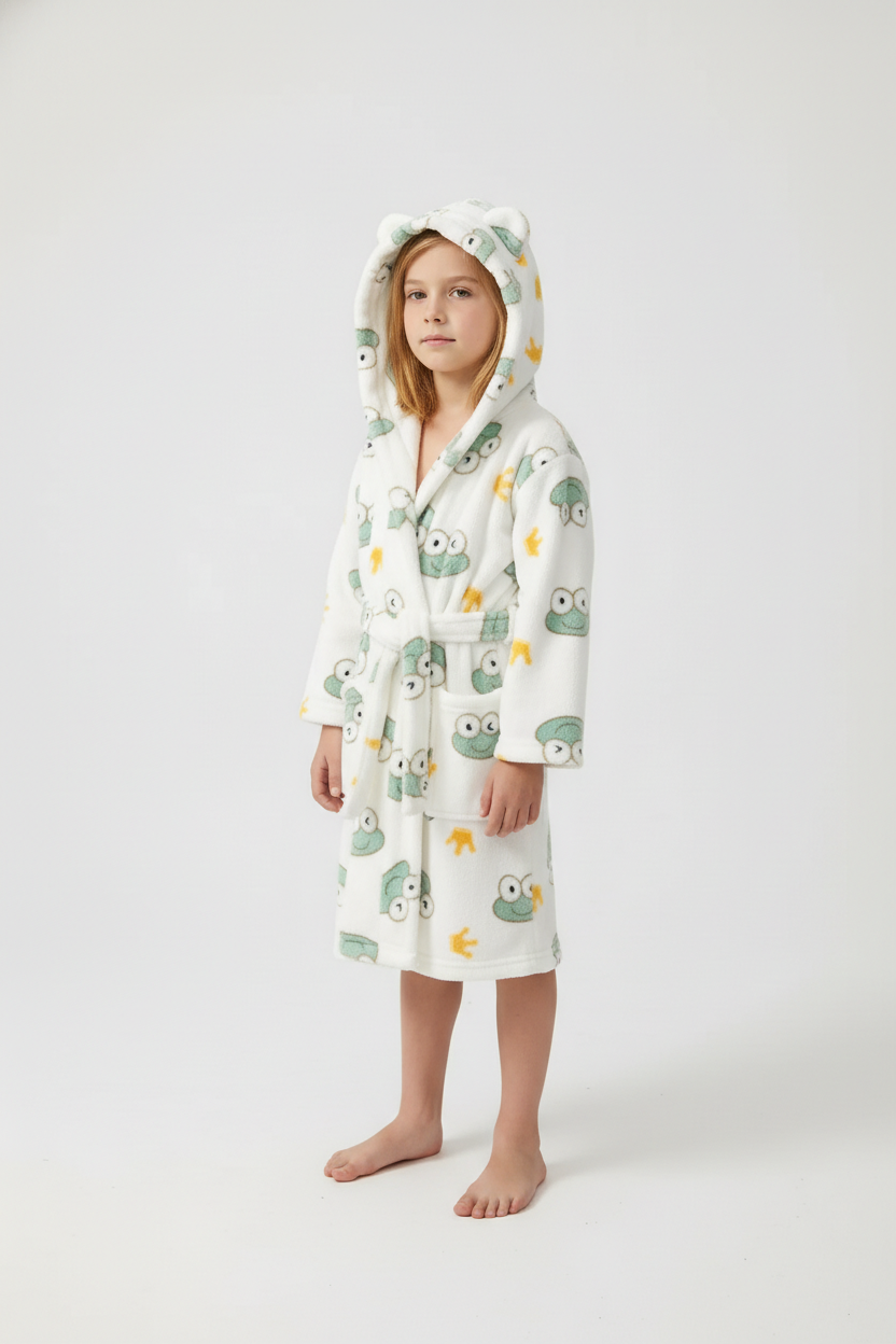 Robe de chambre enfant grenouille blanche plush avec motifs grenouille verte et étoile jaune, capuche oreilles ours