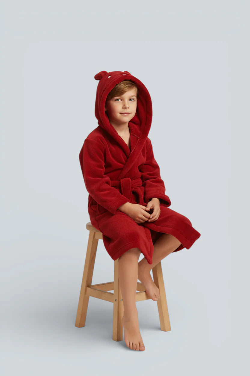 Peignoir enfant lapin rouge à capuche veloutée avec oreilles douces