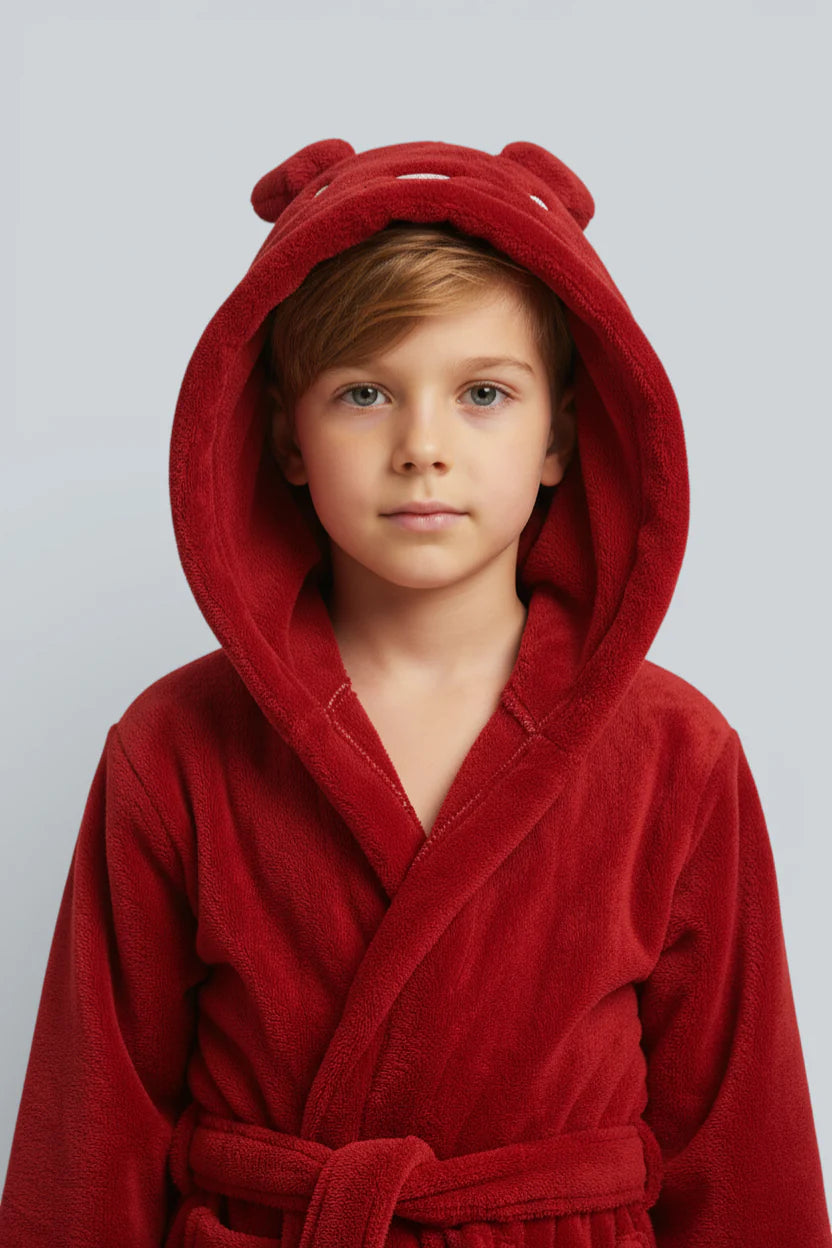 Robe de chambre enfant lapin rouge en peluche à capuche ours