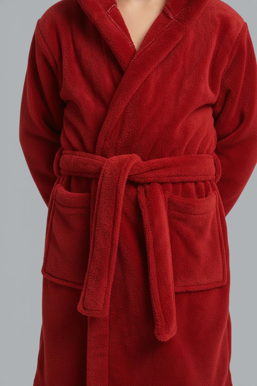 Robe de chambre enfant lapin en polaire rouge profond à poches et ceinture