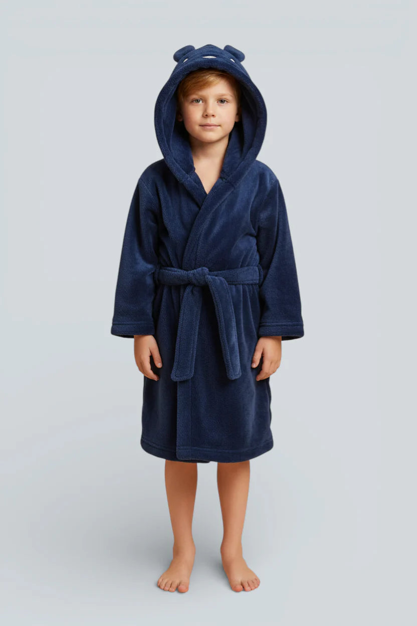 Robe de chambre enfant lapin bleu marine en plush avec capuche oreilles ours