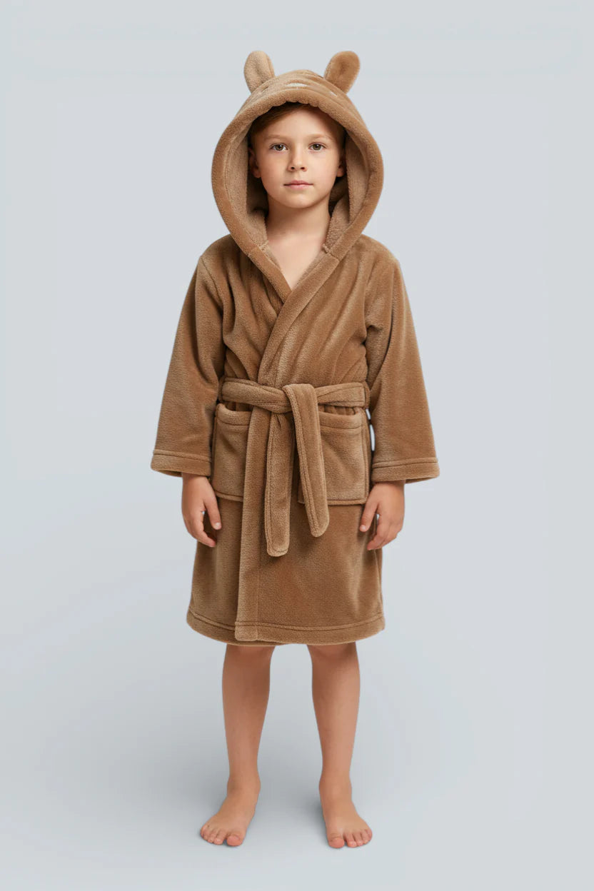 Robe de chambre enfant lapin en tissu beige moelleux à capuche ours