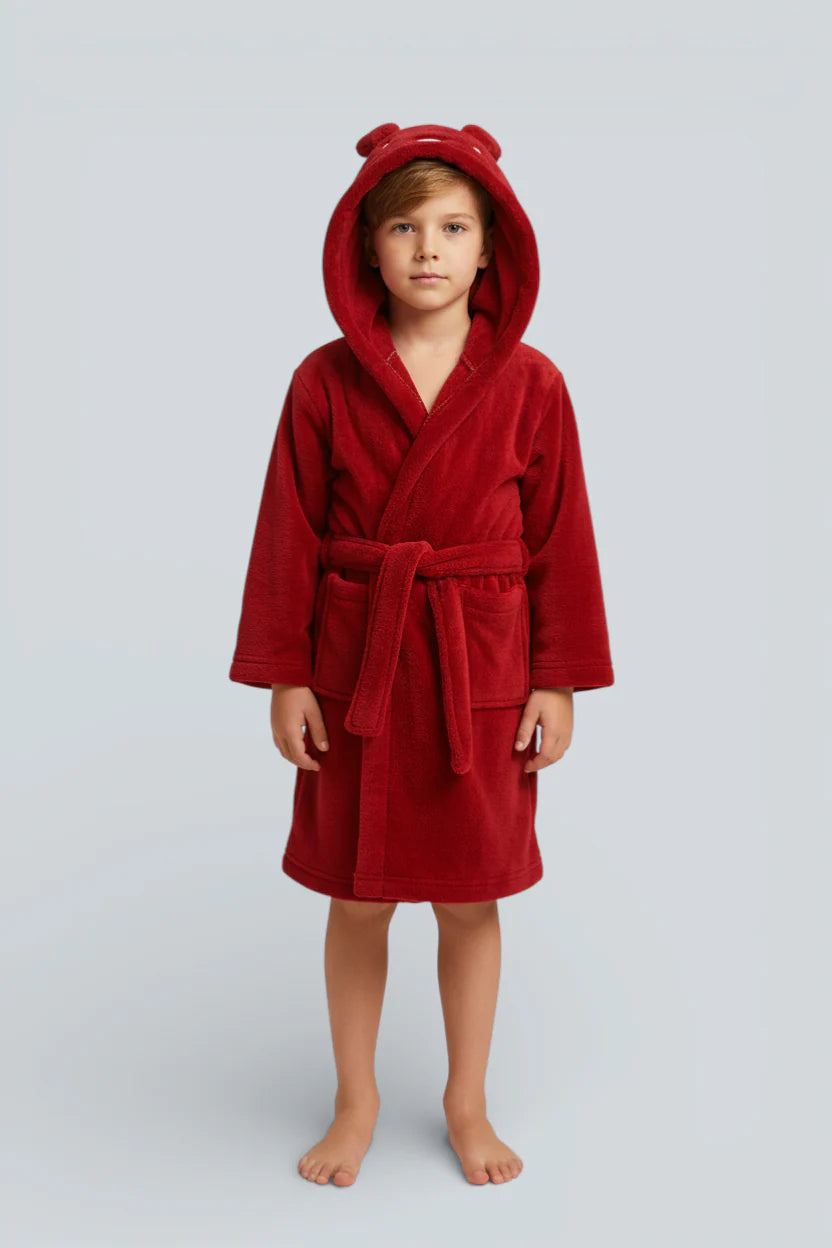 Robe de chambre enfant lapin rouge en peluche avec capuche et ceinture