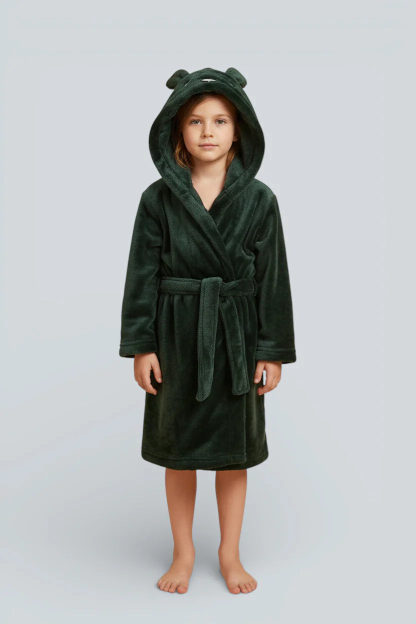 Robe de chambre enfant vert foncé à capuche grenouille