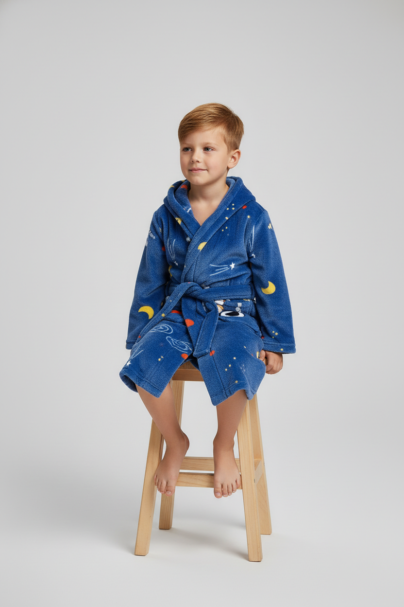 Robe de chambre enfant lune bleue en peluche avec motifs étoiles lunes planètes