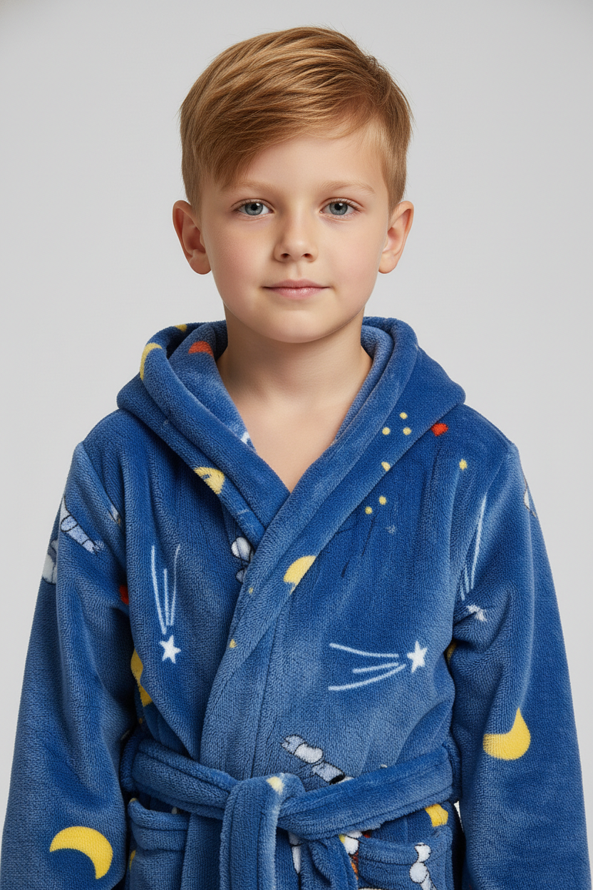 Robe de chambre enfant lune bleue en peluche avec motifs espace: lunes jaunes, étoiles blanches, comètes