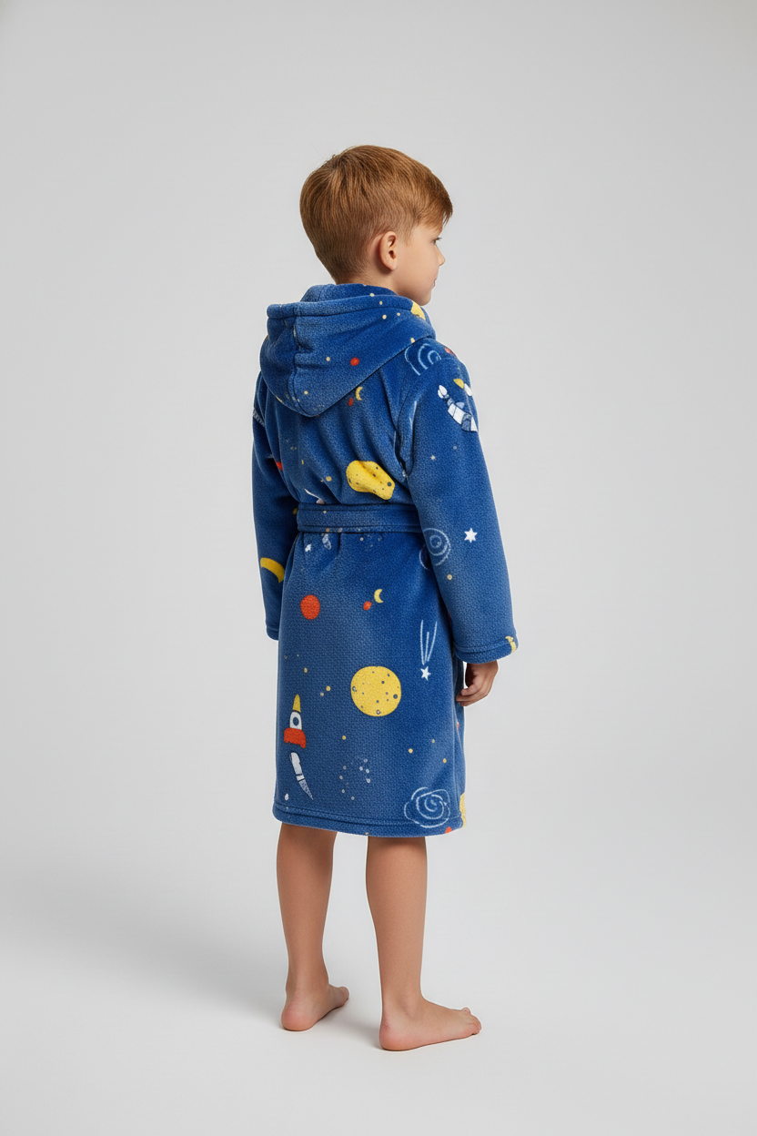 Robe de chambre enfant lune bleue en peluche avec motifs spatiaux