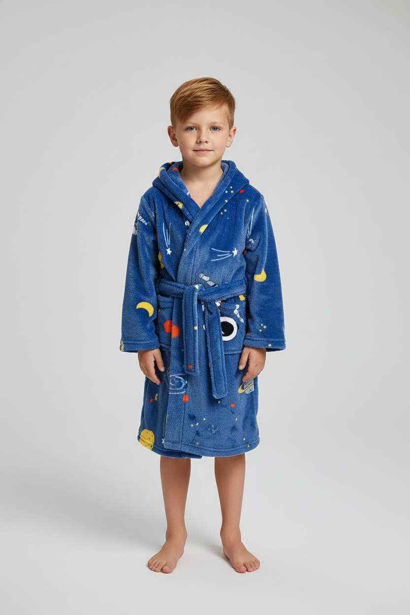Robe de chambre enfant lune bleue en peluche avec motifs lune étoiles planètes