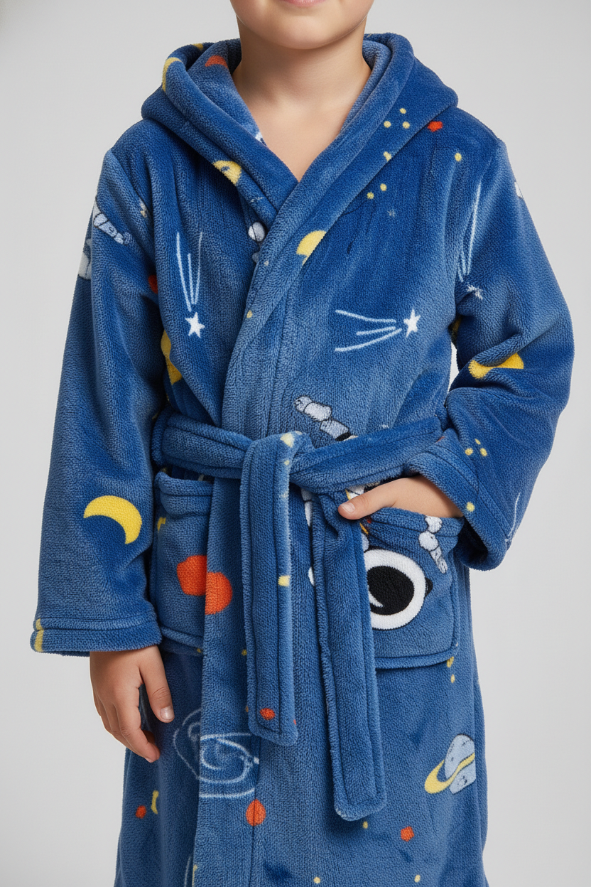 Robe de chambre enfant lune bleue en peluche avec motifs spatiaux étoiles lunes planètes œil