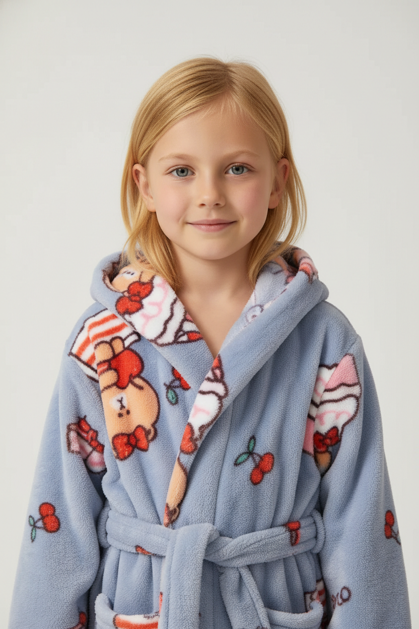 Robe de chambre enfant mignon bleu clair à capuche, motifs cerises et cartoons