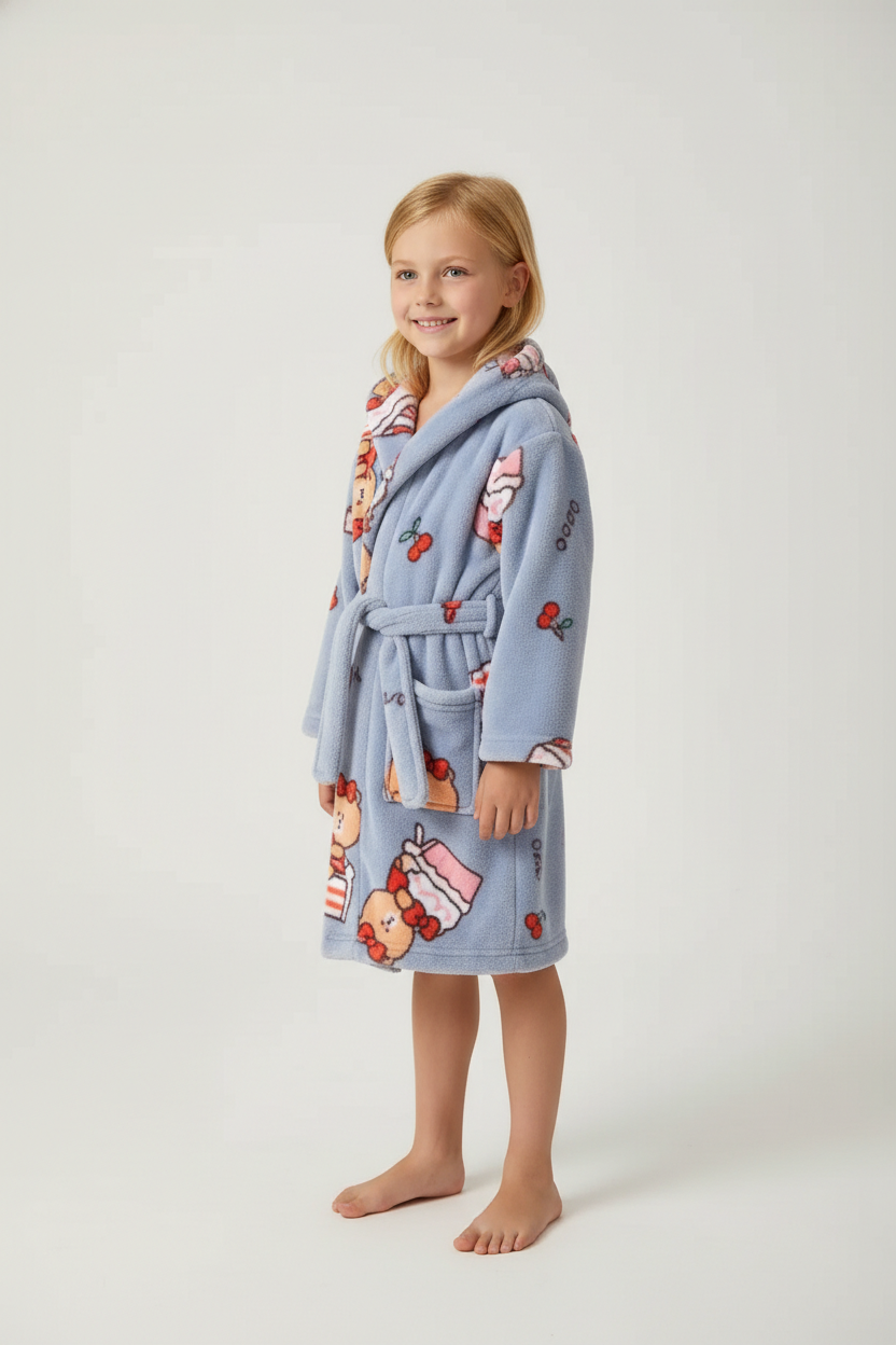 Robe de chambre enfant mignon bleu clair ours cupcakes capuche poches