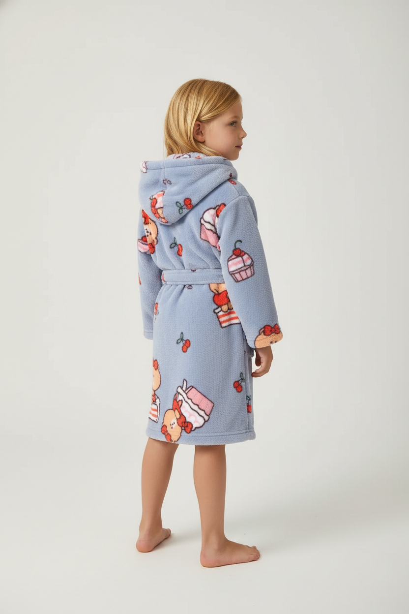 Robe de chambre enfant mignon bleu clair à capuche avec cupcakes et cerises